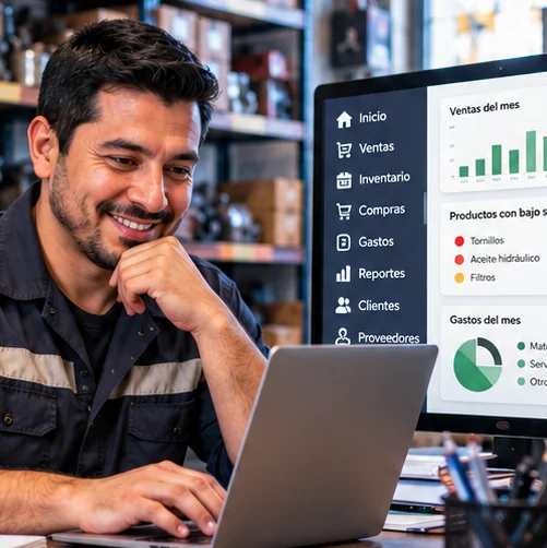 Propietario usando herramientas digitales para controlar su negocio