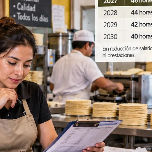 Propietaria de tortillería revisando horarios de trabajo